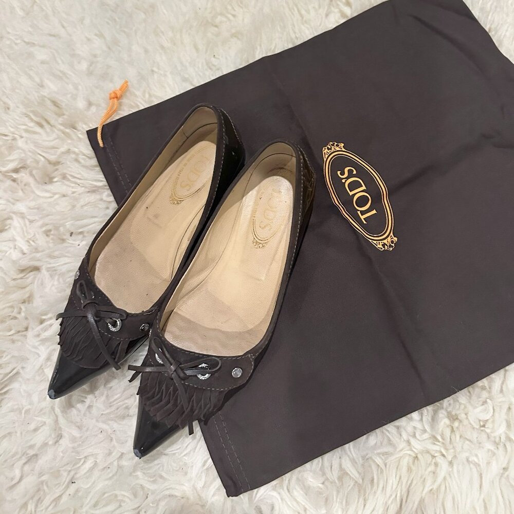 Tod’s Brown Leather & Suede Moccasin-Style Flats, Size 38
